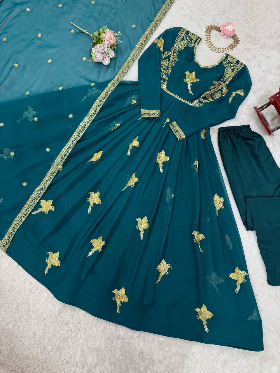 Faux Georgette Sequins Work Gown Set