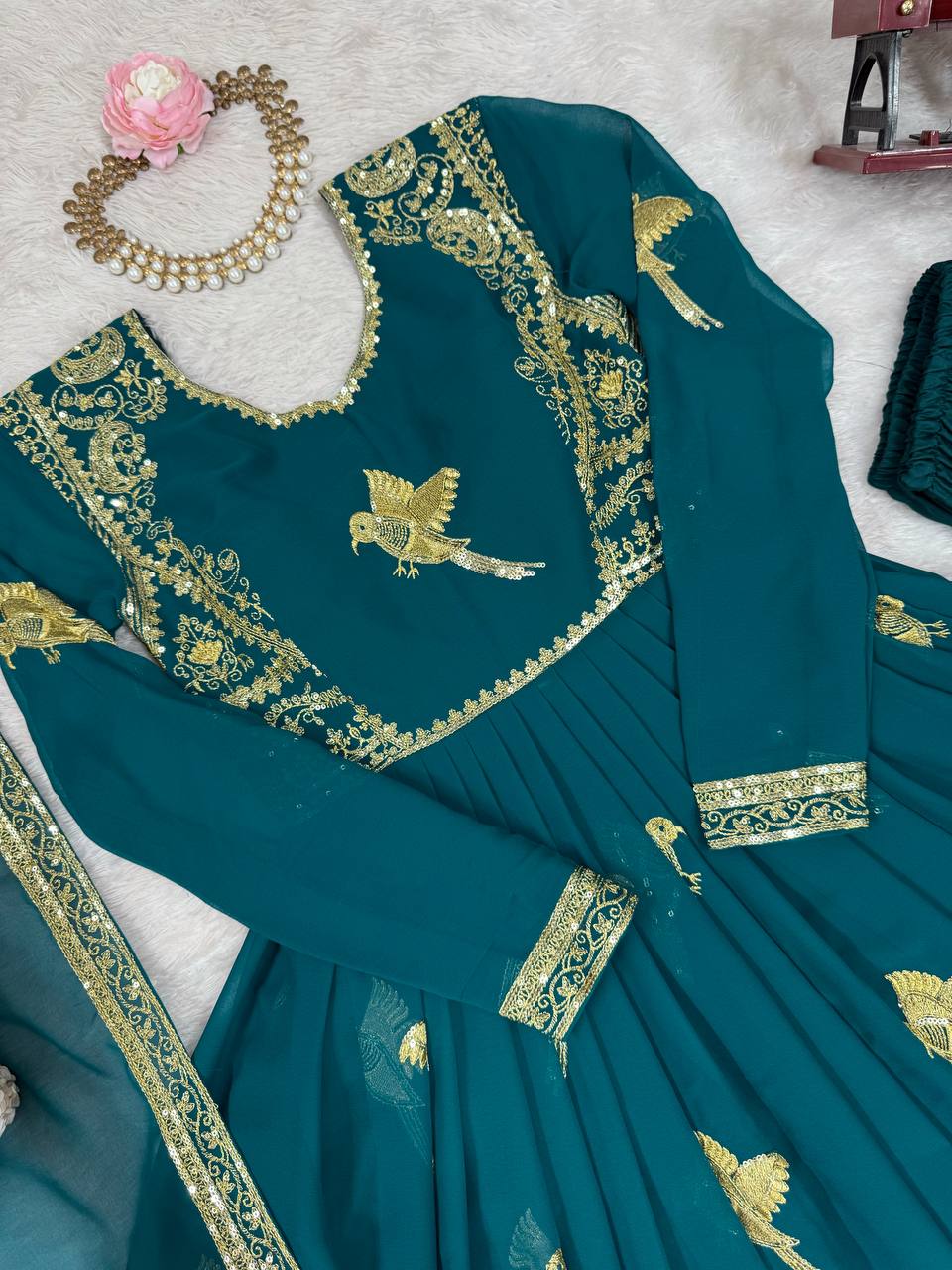 Faux Georgette Sequins Work Gown Set