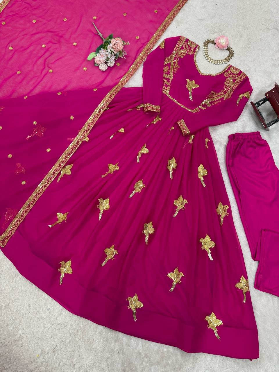 Faux Georgette Sequins Work Gown Set