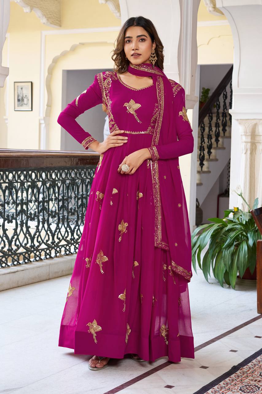 Faux Georgette Sequins Work Gown Set