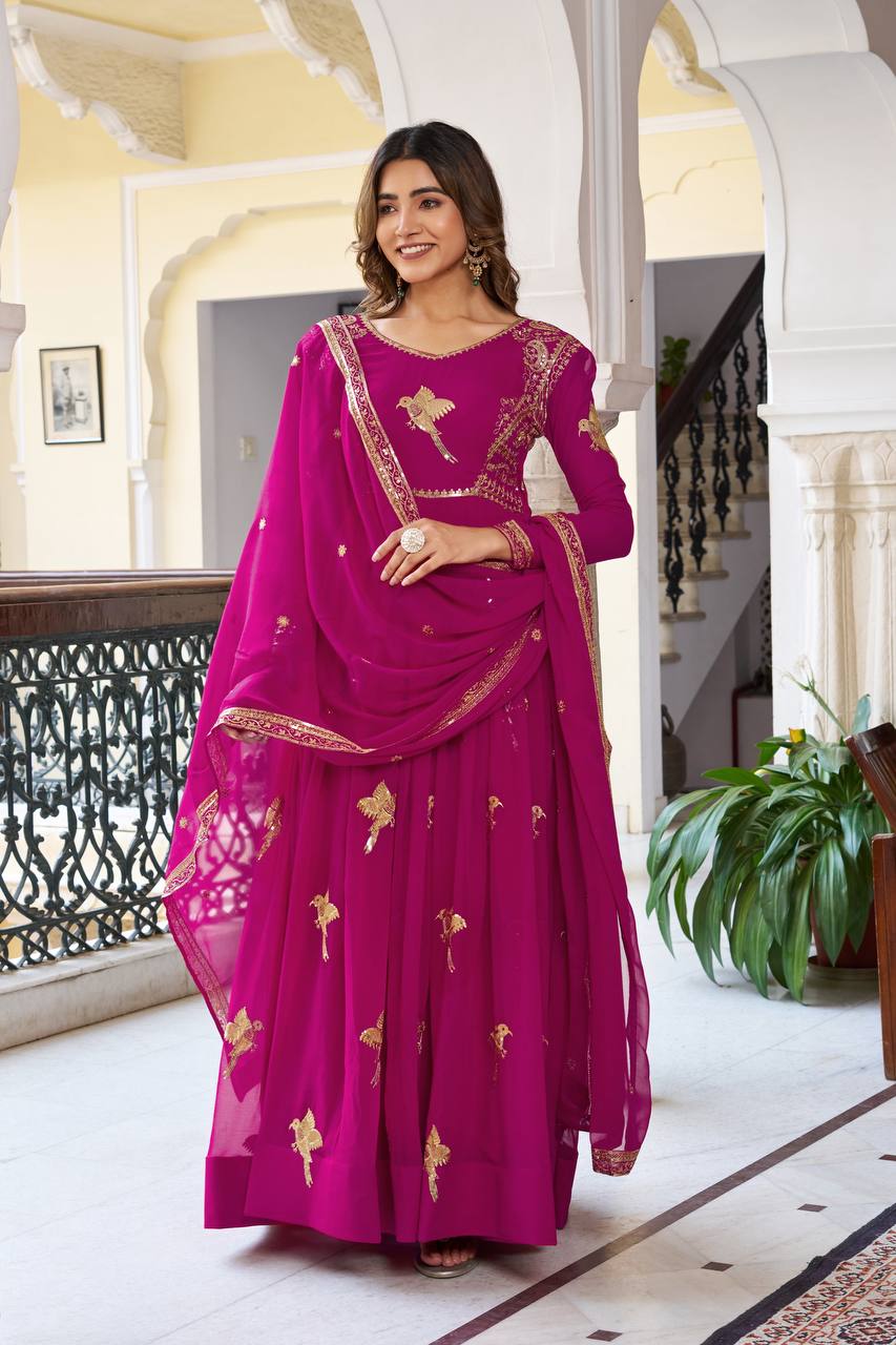Faux Georgette Sequins Work Gown Set