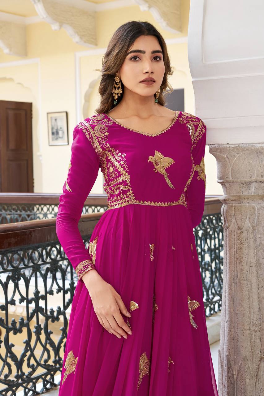Faux Georgette Sequins Work Gown Set