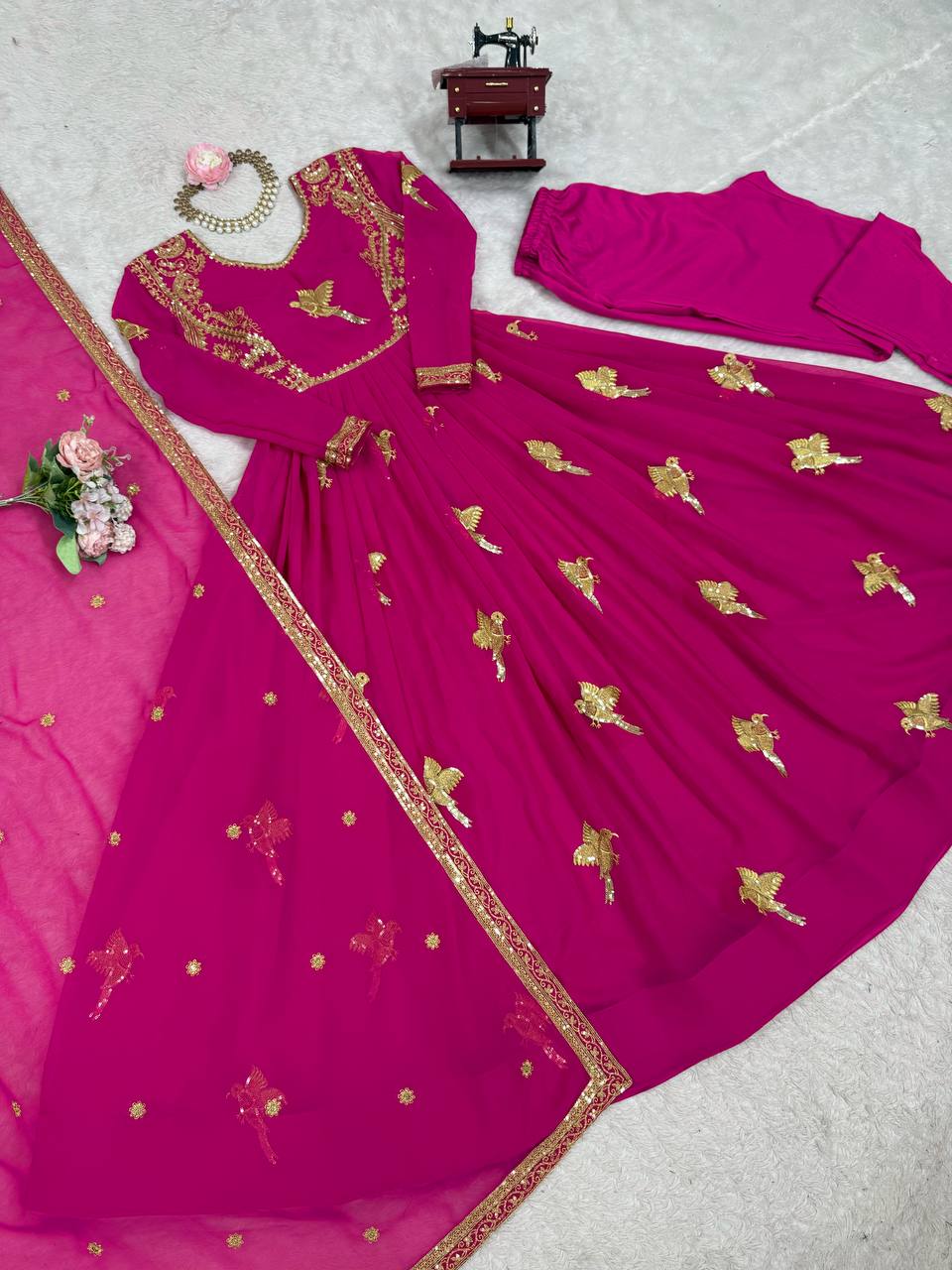 Faux Georgette Sequins Work Gown Set