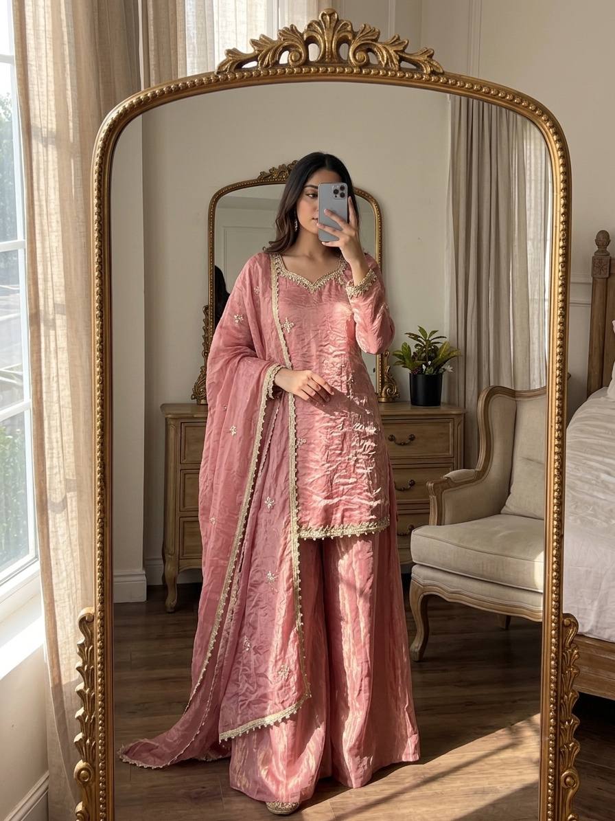Designer Premium Fendy Silk Embroidered Sharara Palazzo Suit for Women