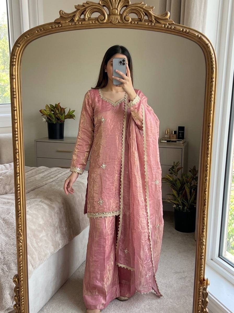 Designer Premium Fendy Silk Embroidered Sharara Palazzo Suit for Women