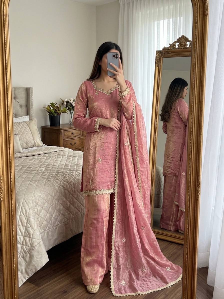 Designer Premium Fendy Silk Embroidered Sharara Palazzo Suit for Women