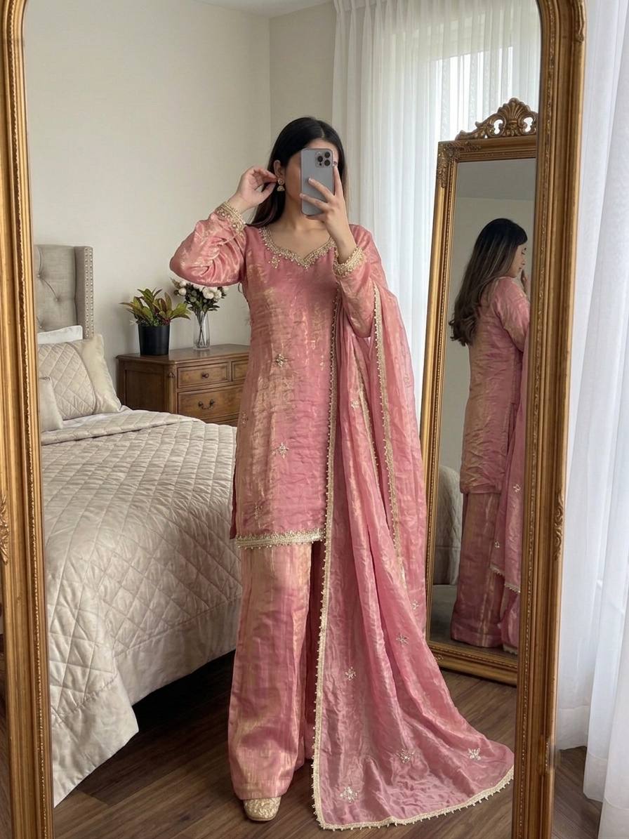 Designer Premium Fendy Silk Embroidered Sharara Palazzo Suit for Women