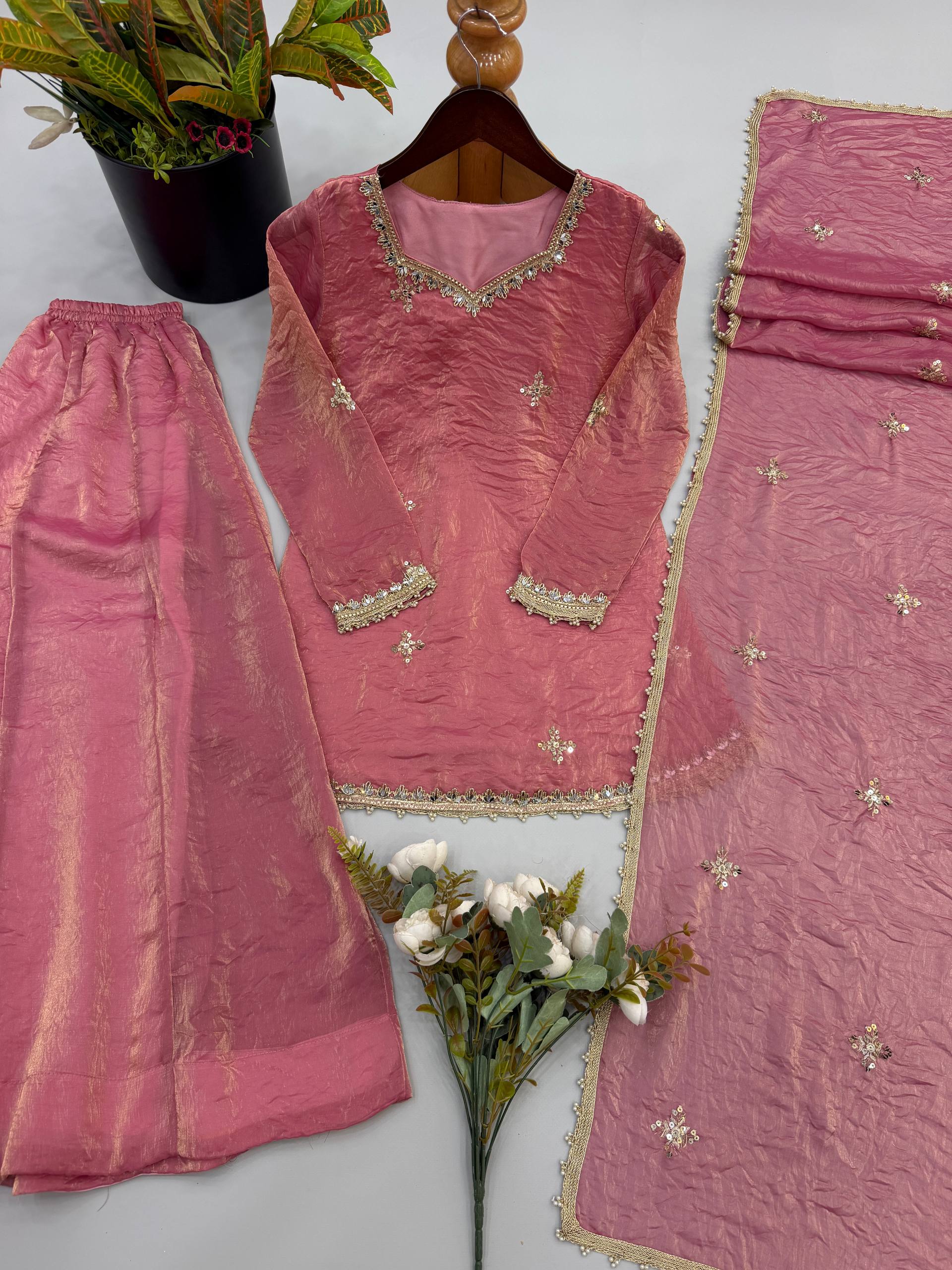 Designer Premium Fendy Silk Embroidered Sharara Palazzo Suit for Women