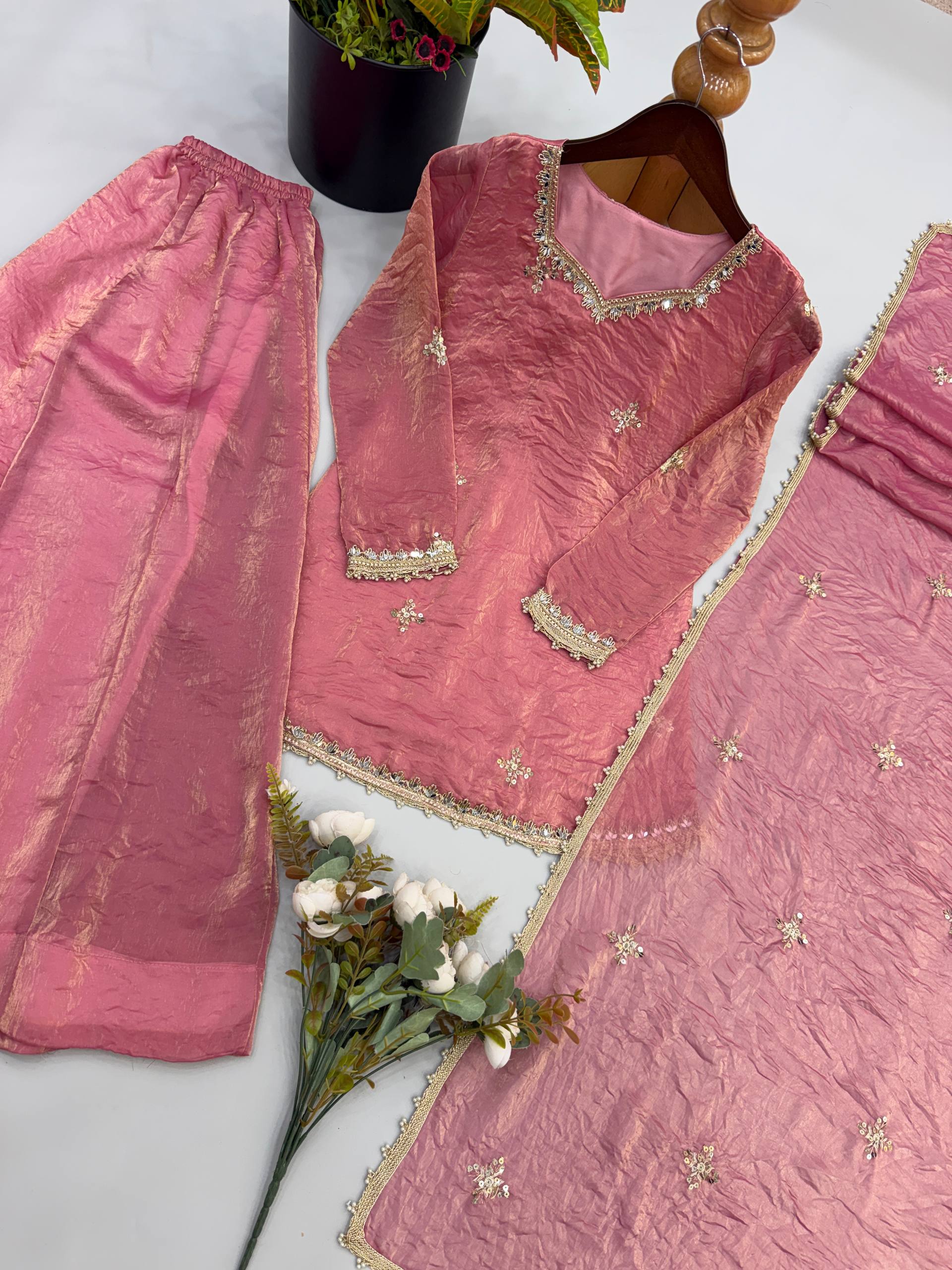 Designer Premium Fendy Silk Embroidered Sharara Palazzo Suit for Women