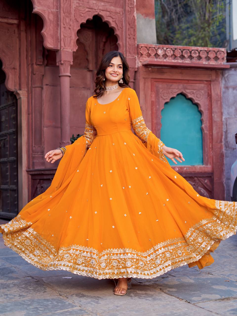 Faux Georgette Sequence Work Gown Set for Women