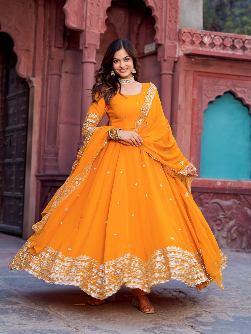 Faux Georgette Sequence Work Gown Set for Women
