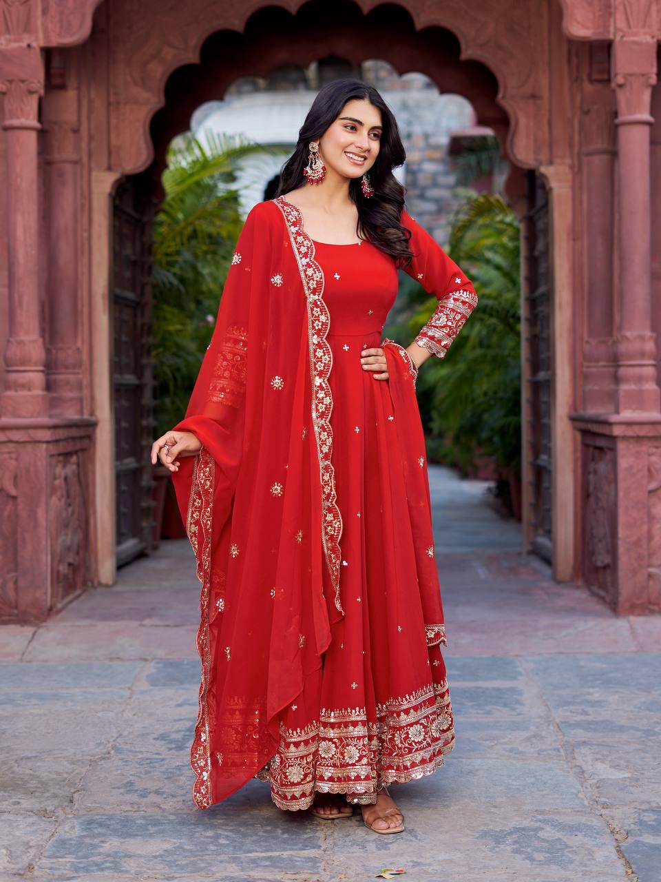 Faux Georgette Sequence Work Gown Set for Women