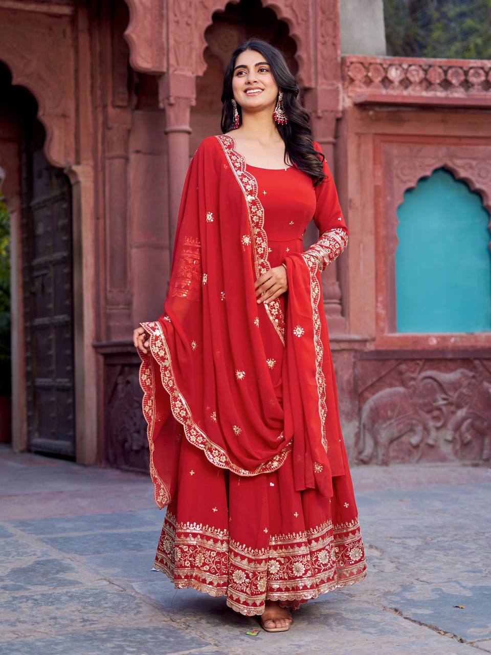 Faux Georgette Sequence Work Gown Set for Women