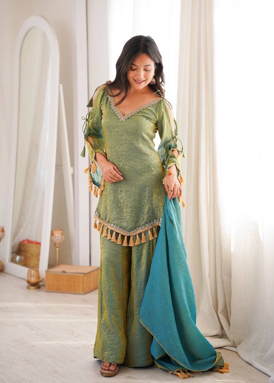 Designer 3 Piece Doremon Crush Palazzo Suit with Lace Border Dupatta