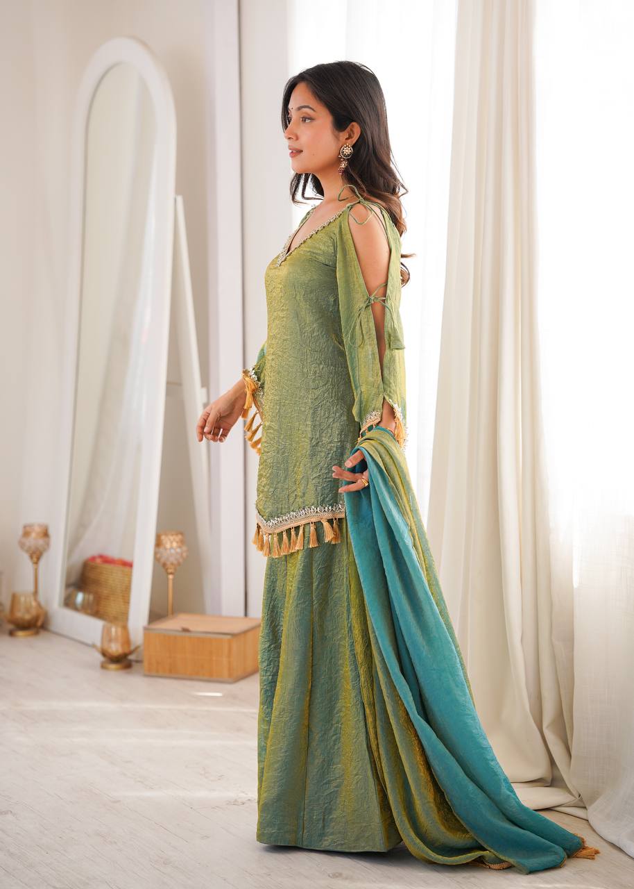 Designer 3 Piece Doremon Crush Palazzo Suit with Lace Border Dupatta