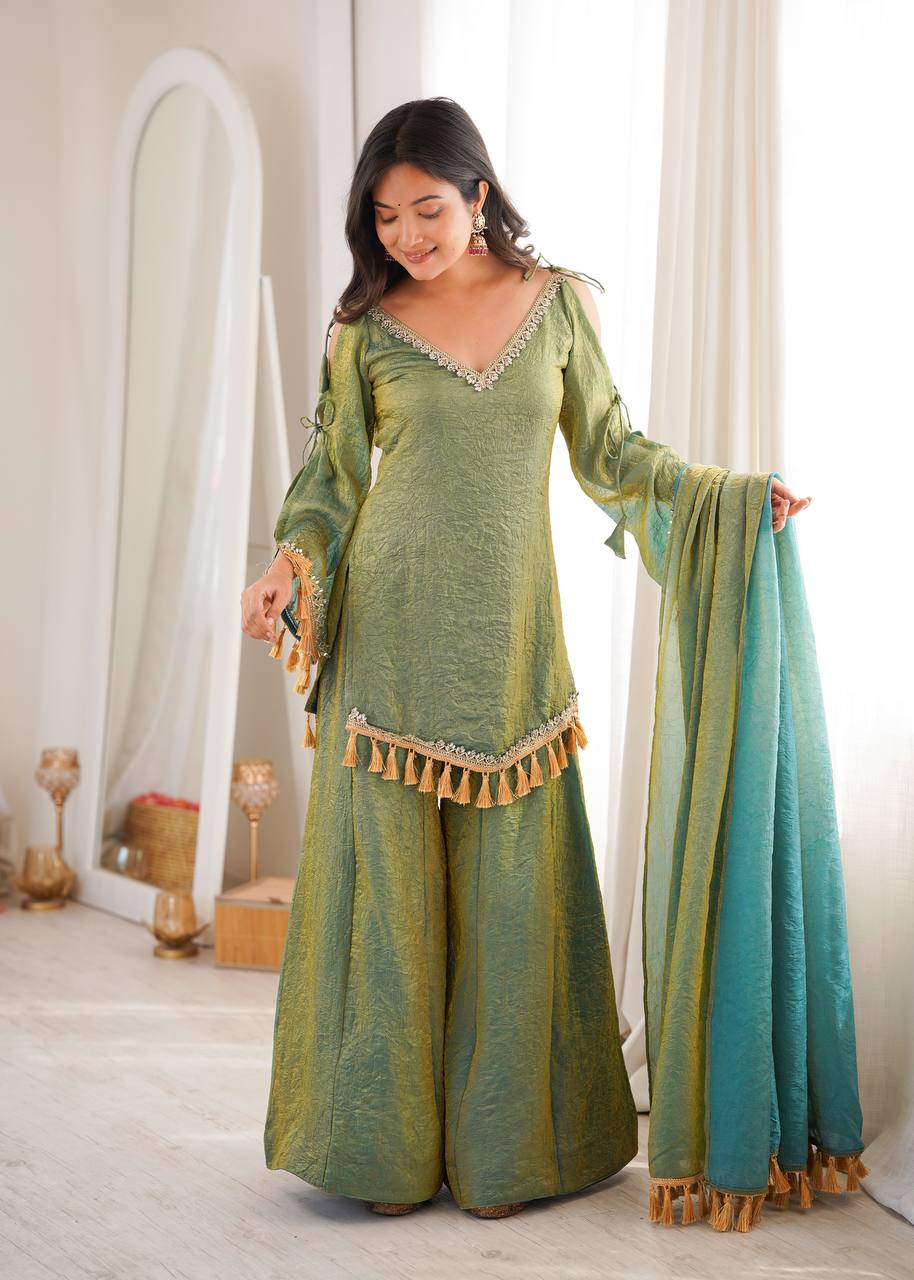 Designer 3 Piece Doremon Crush Palazzo Suit with Lace Border Dupatta