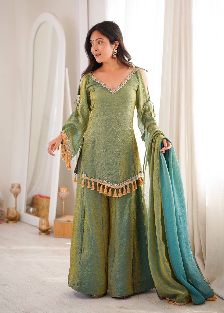 Designer 3 Piece Doremon Crush Palazzo Suit with Lace Border Dupatta