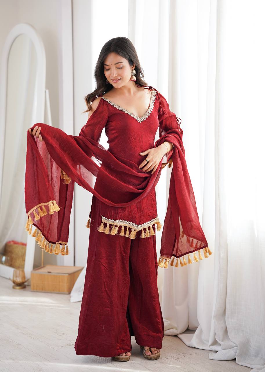 Designer 3 Piece Doremon Crush Palazzo Suit with Lace Border Dupatta
