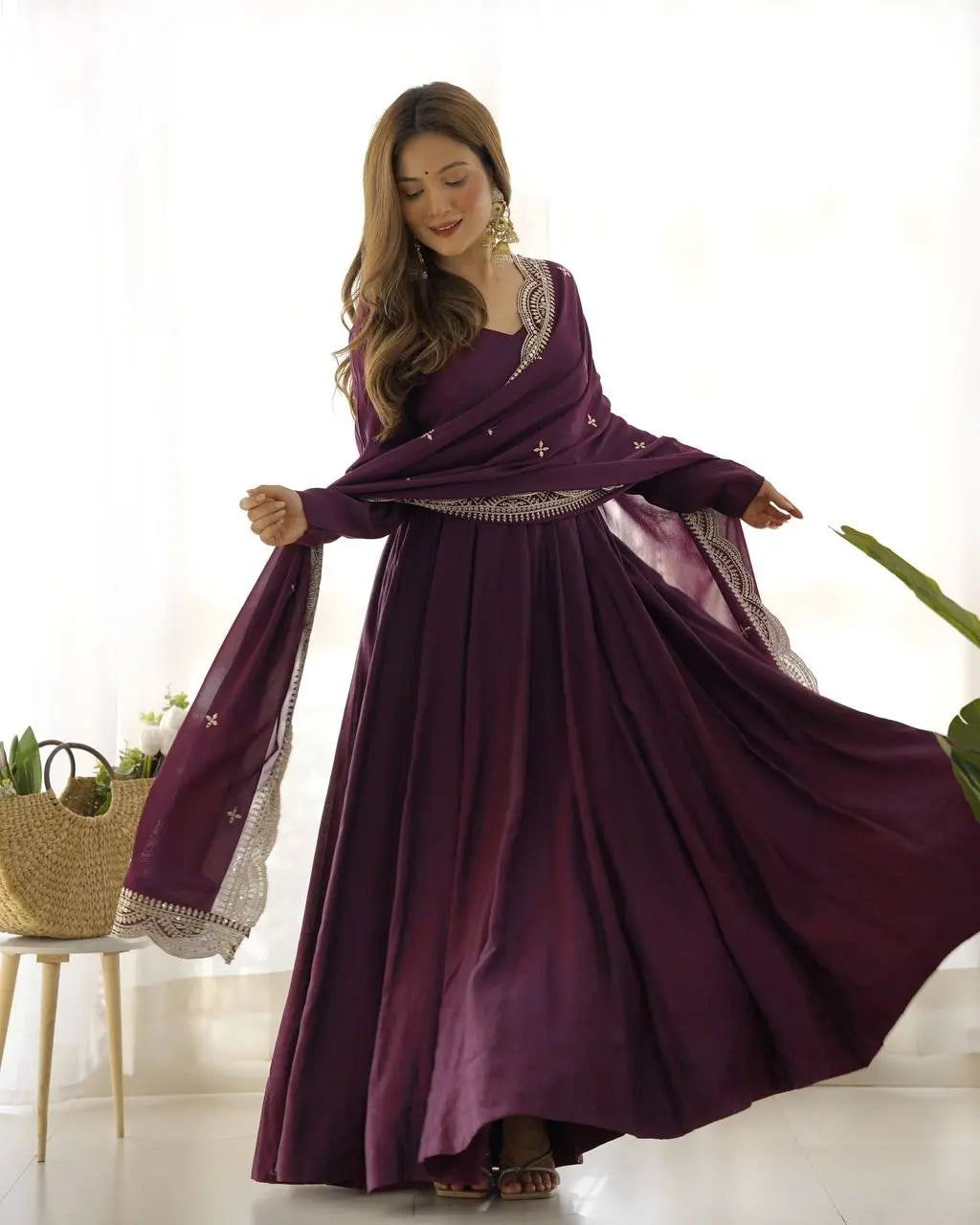 Designer Roman Silk Chanderi 16 Kali Anarkali Gown with Dupatta & Pant Set