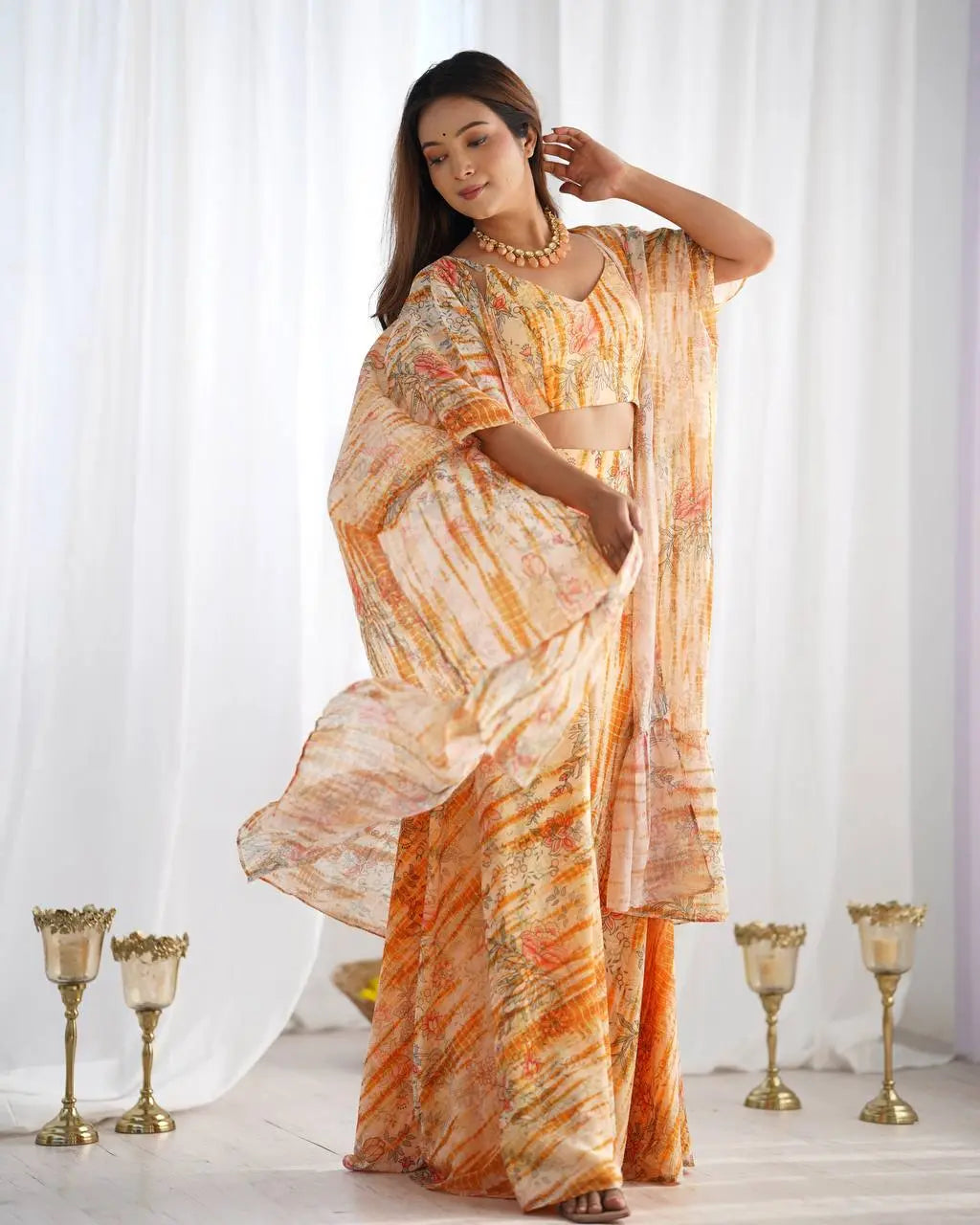 Indo-Western Floral Georgette Shrug with Crop Top & Palazzo Set