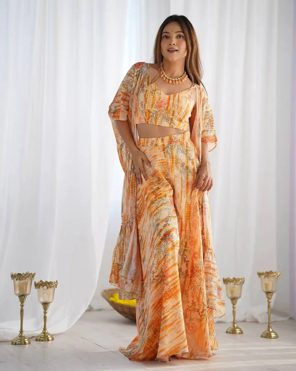 Indo-Western Floral Georgette Shrug with Crop Top & Palazzo Set