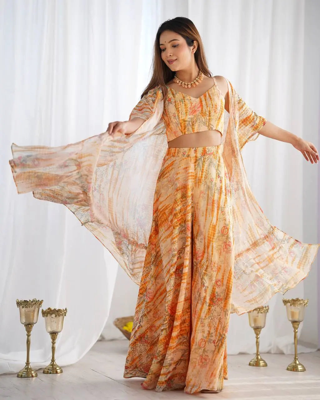 Indo-Western Floral Georgette Shrug with Crop Top & Palazzo Set