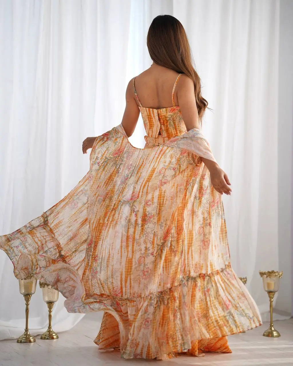 Indo-Western Floral Georgette Shrug with Crop Top & Palazzo Set