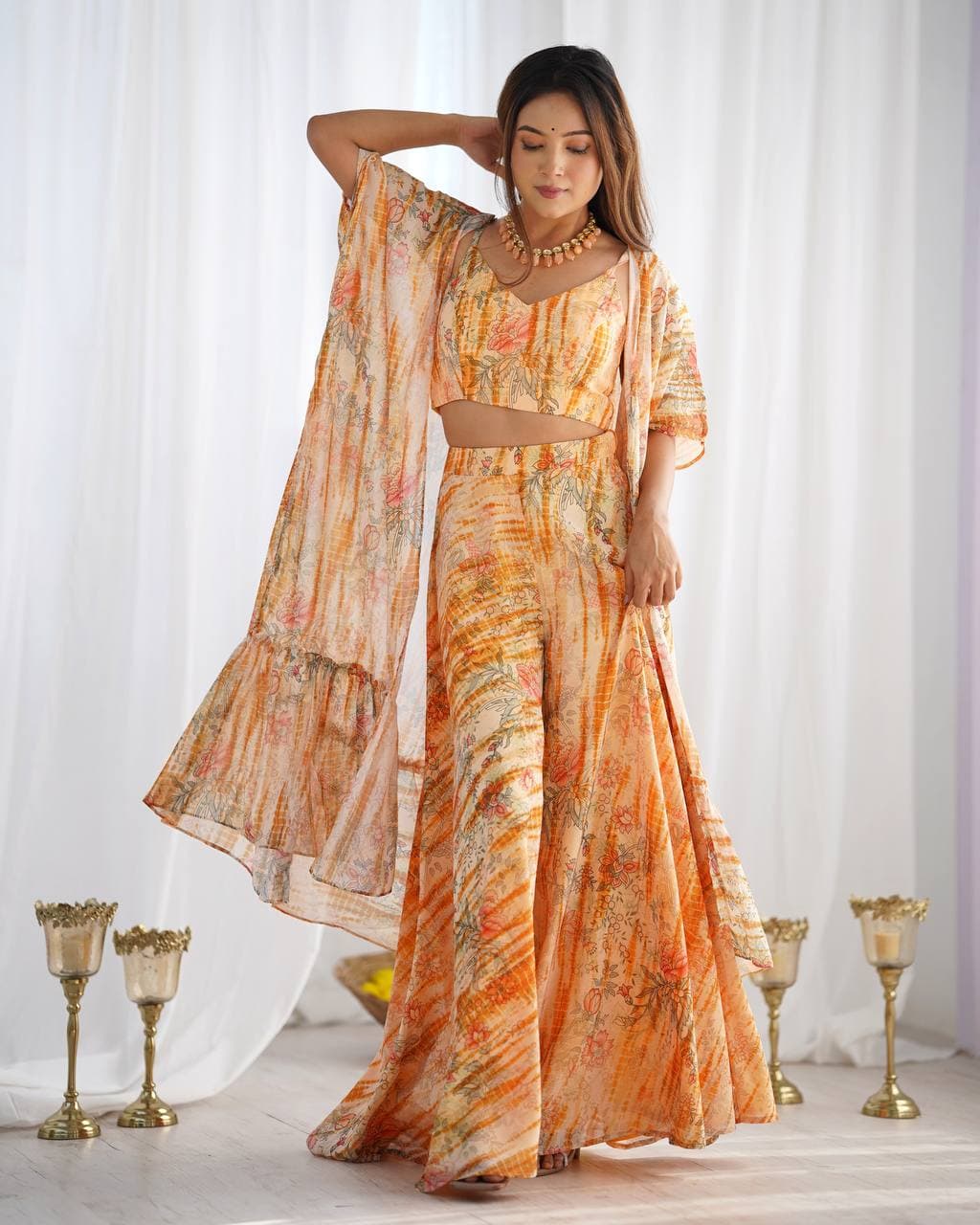Indo-Western Floral Georgette Shrug with Crop Top & Palazzo Set