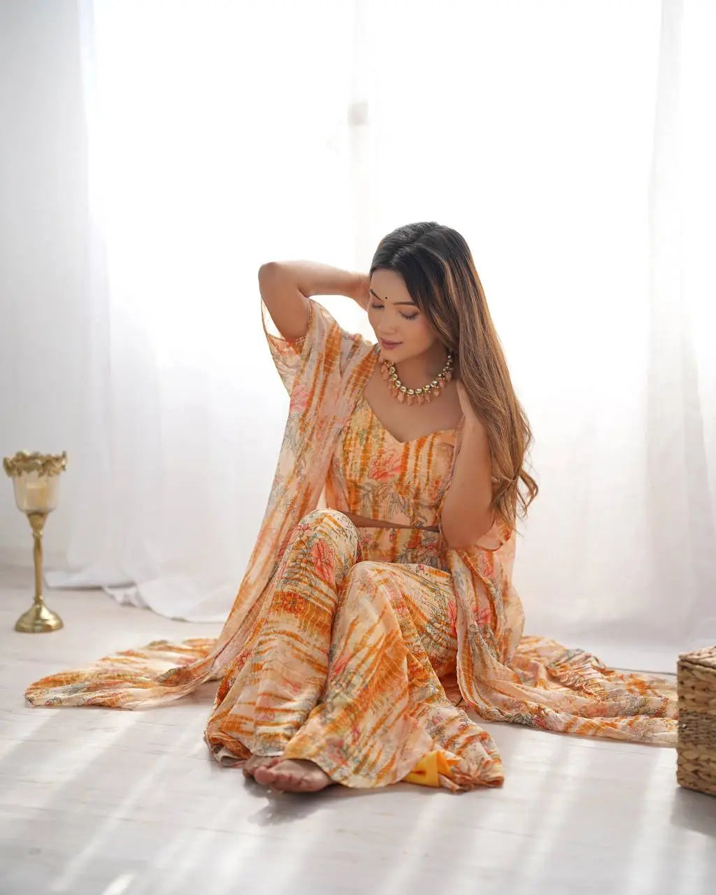 Indo-Western Floral Georgette Shrug with Crop Top & Palazzo Set