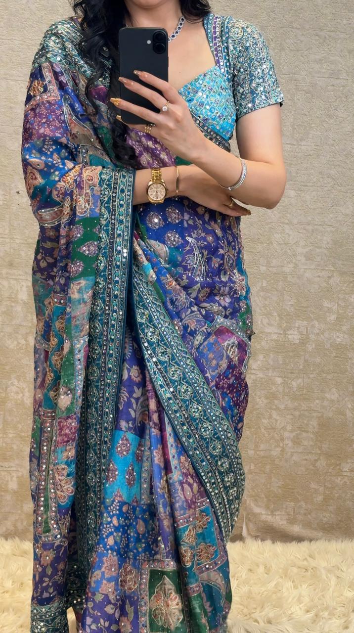 Pure Crepe Silk Mirror Work Stitch Blouse Saree