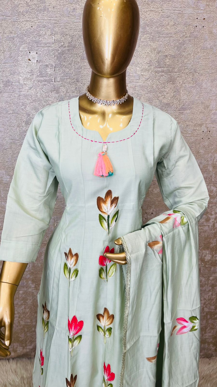 Elegant Floral Printed Kurta Set with Dupatta – Soft Pastel Green Ethnic Wear