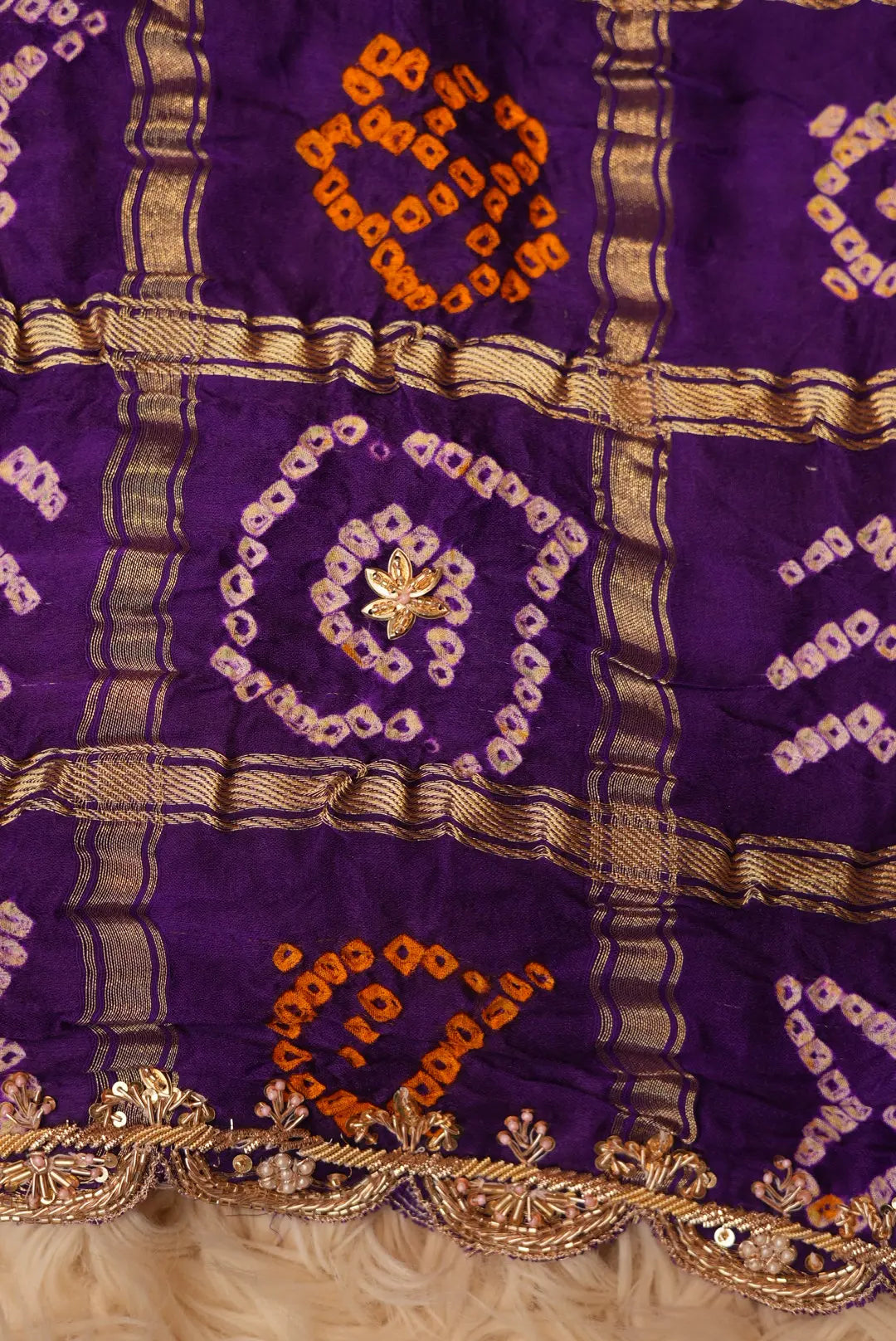 Pure Gajji Silk Hand Bandhej Ghatchola Dupatta Embalish With Cutwork Pattern Zardosi Border & Resham Handwork