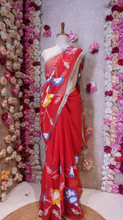 BRUSH PRINT DESIGN WITH KACHI GOTA PATTI WORK & LACE SAREE (WITH BLOUSE) ##SR596