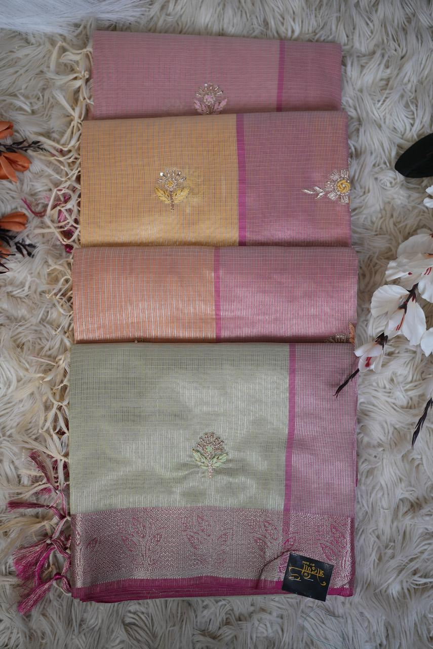 Pure Cotton Doriya Saree with Banarasi Border & Handwork Buti