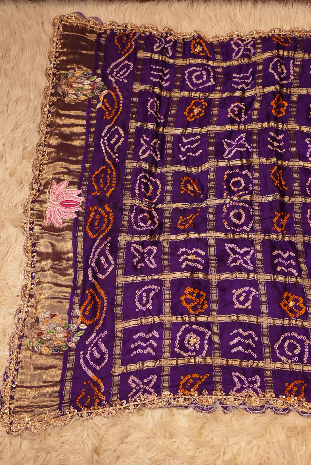 Pure Gajji Silk Hand Bandhej Ghatchola Dupatta Embalish With Cutwork Pattern Zardosi Border & Resham Handwork