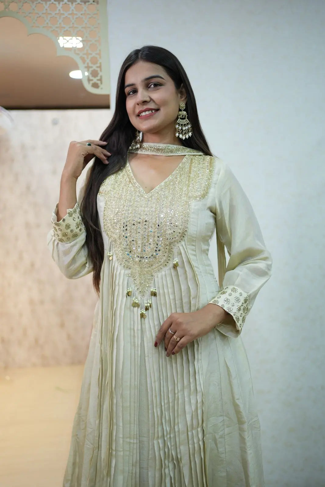 Elegant Ivory Anarkali Suit with Heavy Embroidery – Festive & Wedding Wear