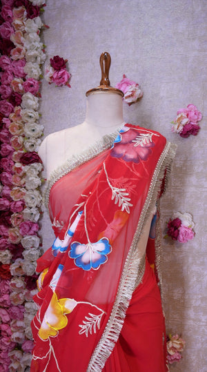 BRUSH PRINT DESIGN WITH KACHI GOTA PATTI WORK & LACE SAREE (WITH BLOUSE) ##SR596