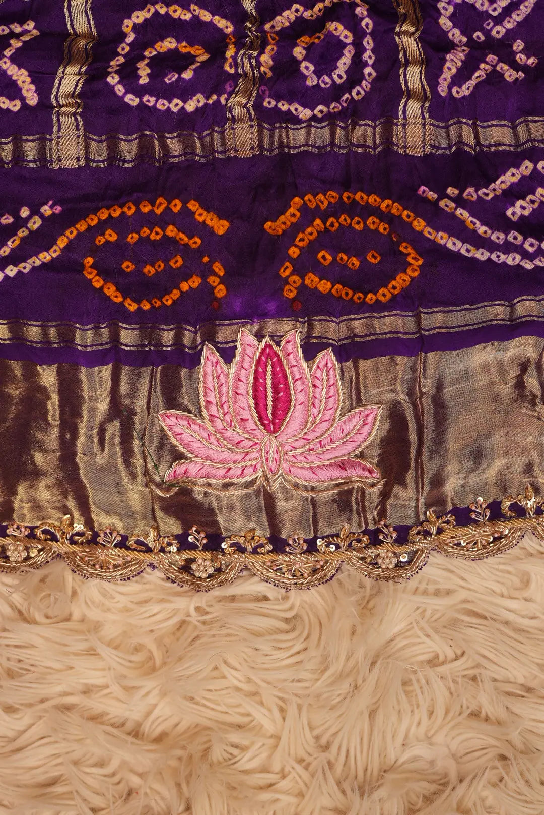 Pure Gajji Silk Hand Bandhej Ghatchola Dupatta Embalish With Cutwork Pattern Zardosi Border & Resham Handwork