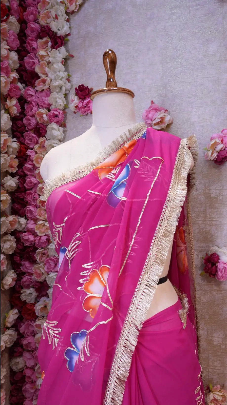 BRUSH PRINT DESIGN WITH KACHI GOTA PATTI WORK & LACE SAREE (WITH BLOUSE)