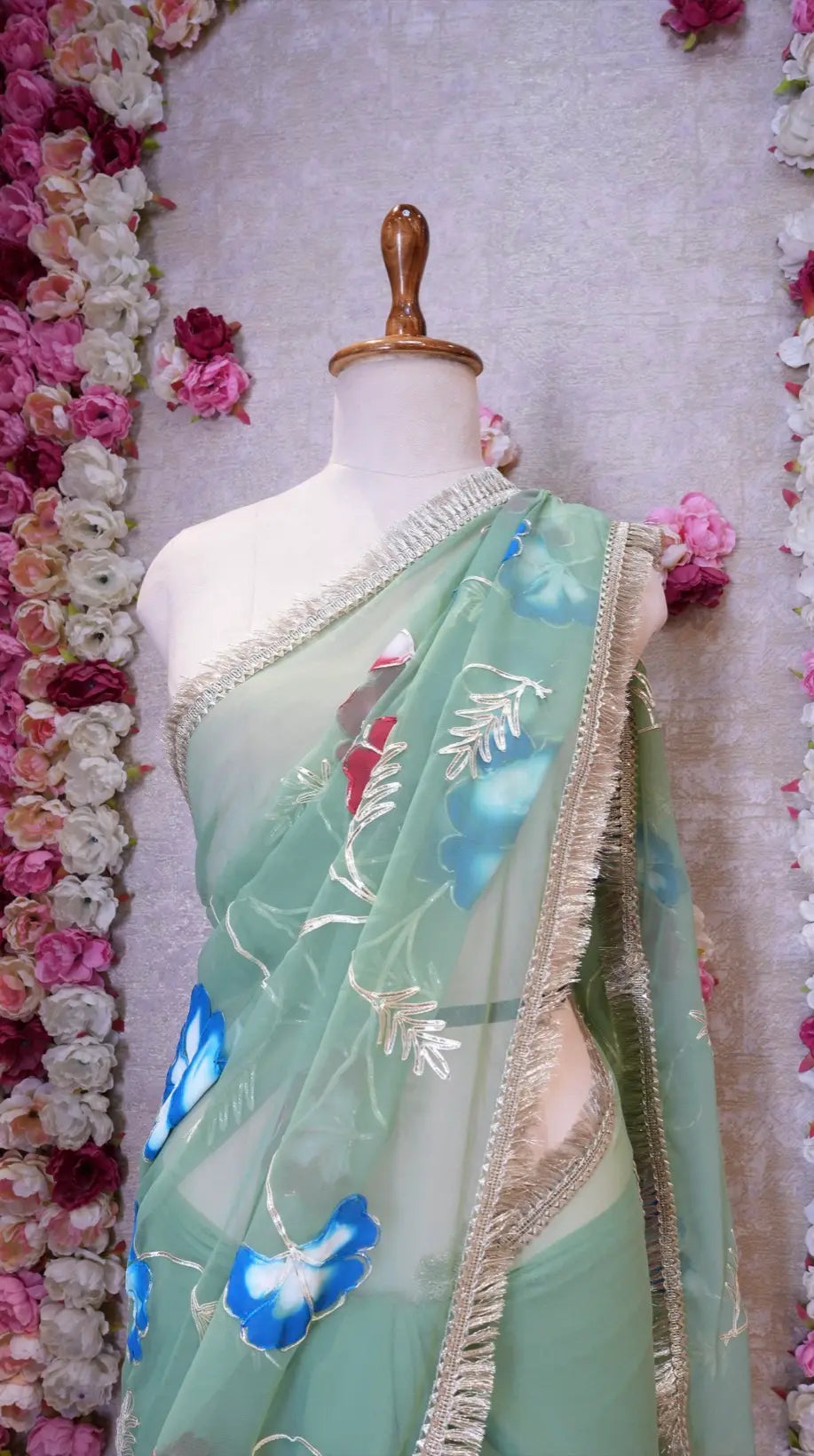 BRUSH PRINT DESIGN WITH KACHI GOTA PATTI WORK & LACE SAREE (WITH BLOUSE)