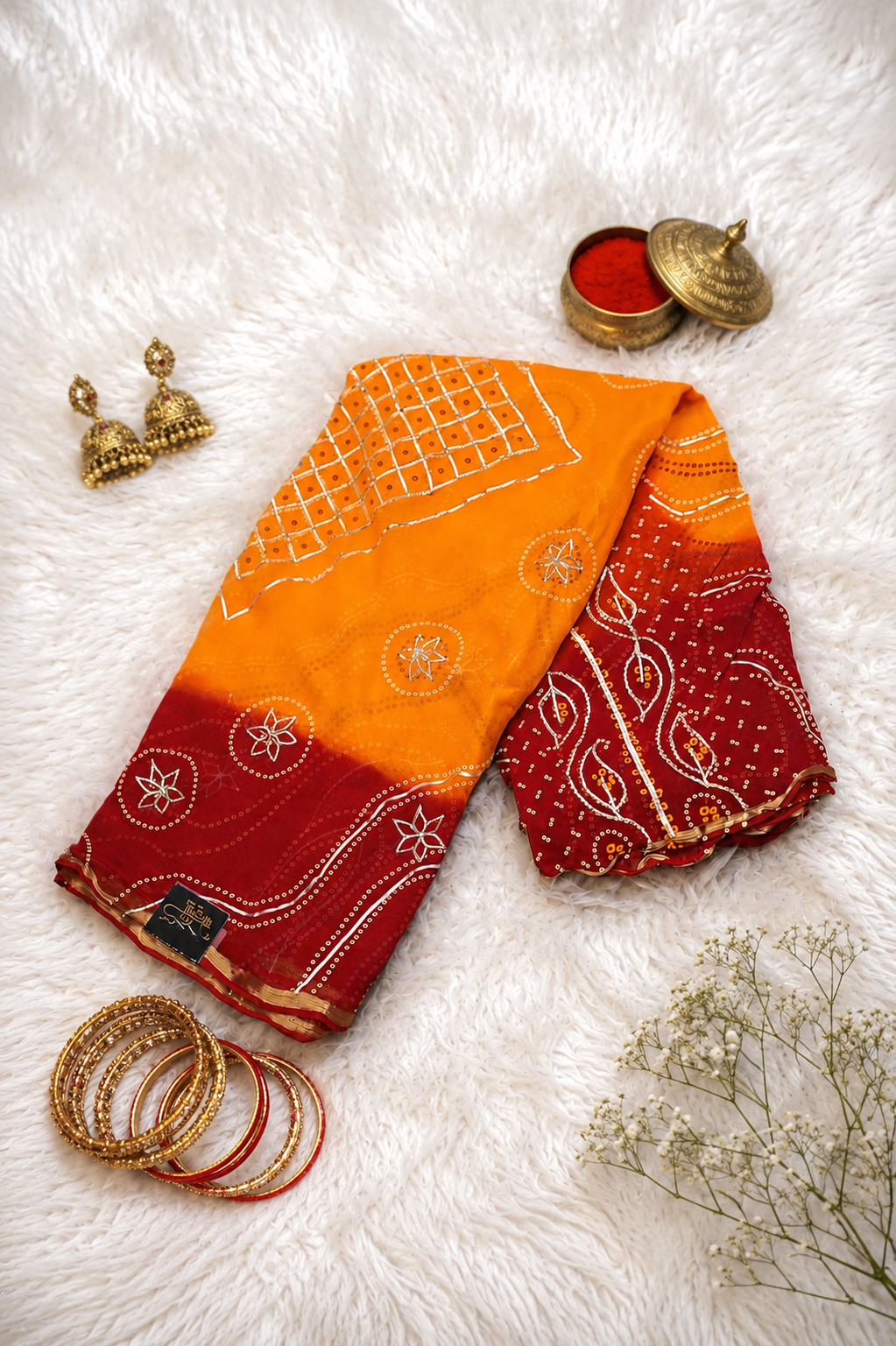 Traditional Pila Saree Wtih Charkhi Gota And Gota Patti Handwork