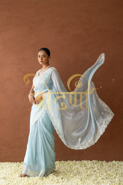 PRE DRAPED STITCH BLOUSE SAREE WITH PEARL AND SEQUENECE WORK ON PURE ORGANZA FABRIC ##SR0270