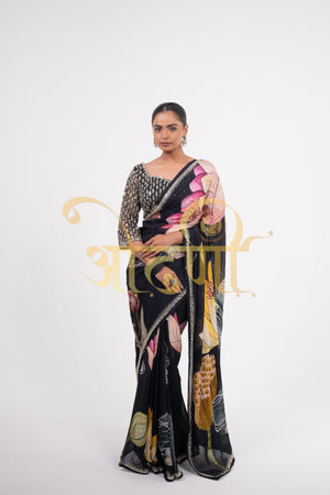 PURE CREP SILK DIGITAL PRINT SAREE WITH MIRROR WORK AND HEAVEY MIRROR WORK STITCH BLOUSE ##SR0285