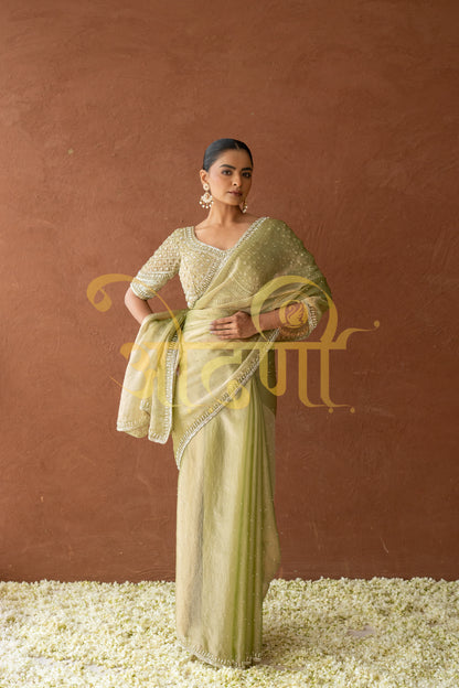 GOLDEN TISSUE SILK SAREE WITH HEAVEY BEATS WORK STITCH BLOUSE SAREE ##SR0283