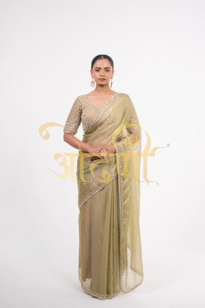 GOLDEN TISSUE SILK SAREE WITH HEAVEY BEATS WORK STITCH BLOUSE SAREE ##SR0283
