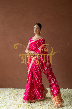 RANI COLOUR HAND BANDHEJ GAZZI SILK SAREE WITH GOTA PATTI AND ZARDOZI WORK (WITH BLOUSE ) ##SR0281
