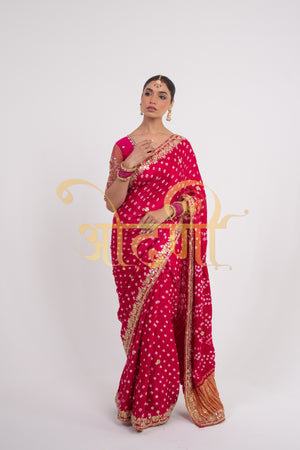 RANI COLOUR HAND BANDHEJ GAZZI SILK SAREE WITH GOTA PATTI AND ZARDOZI WORK (WITH BLOUSE ) ##SR0281