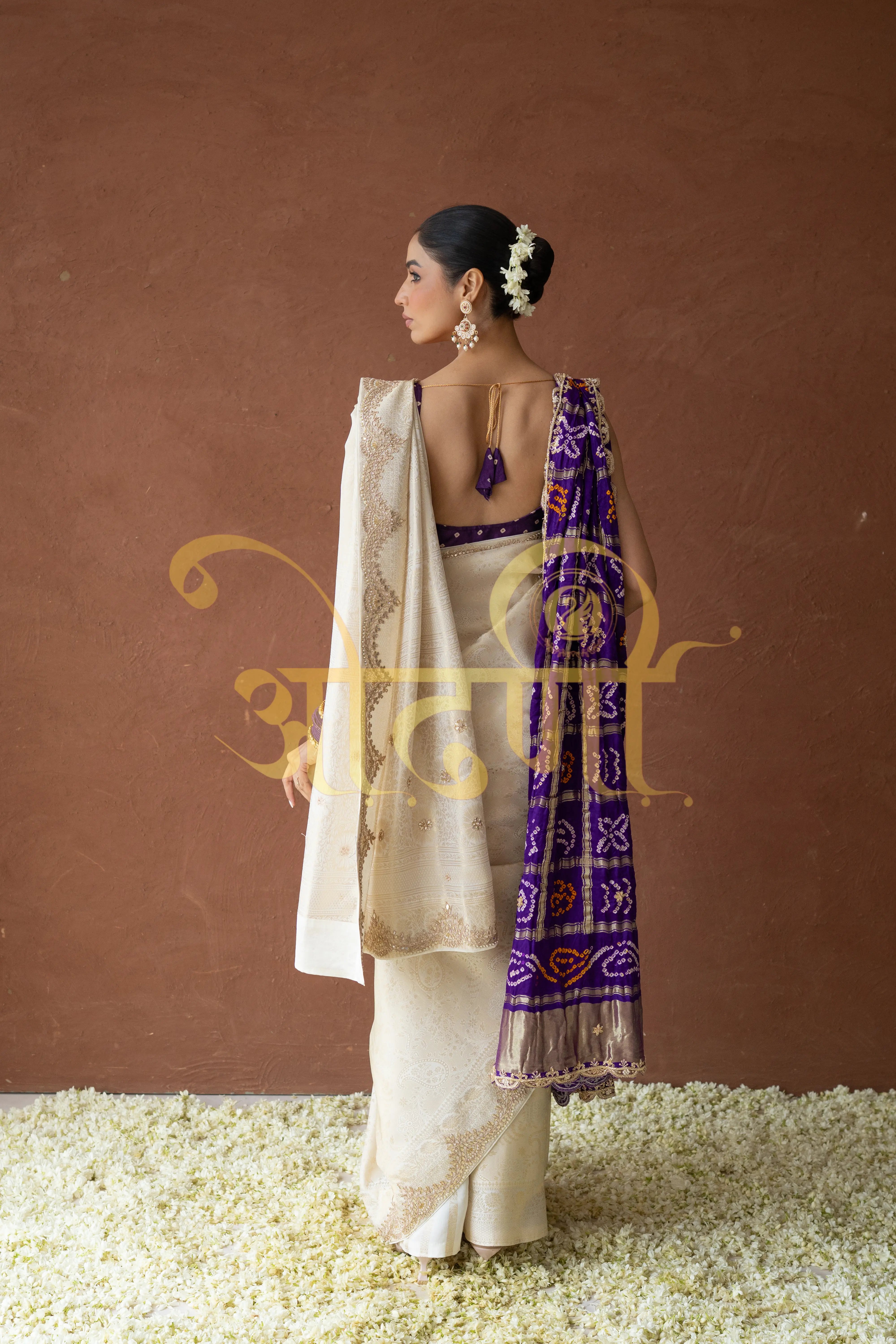 Ivory White Brocket Silk Saree with Gota Patti Handwork (With Blouse)