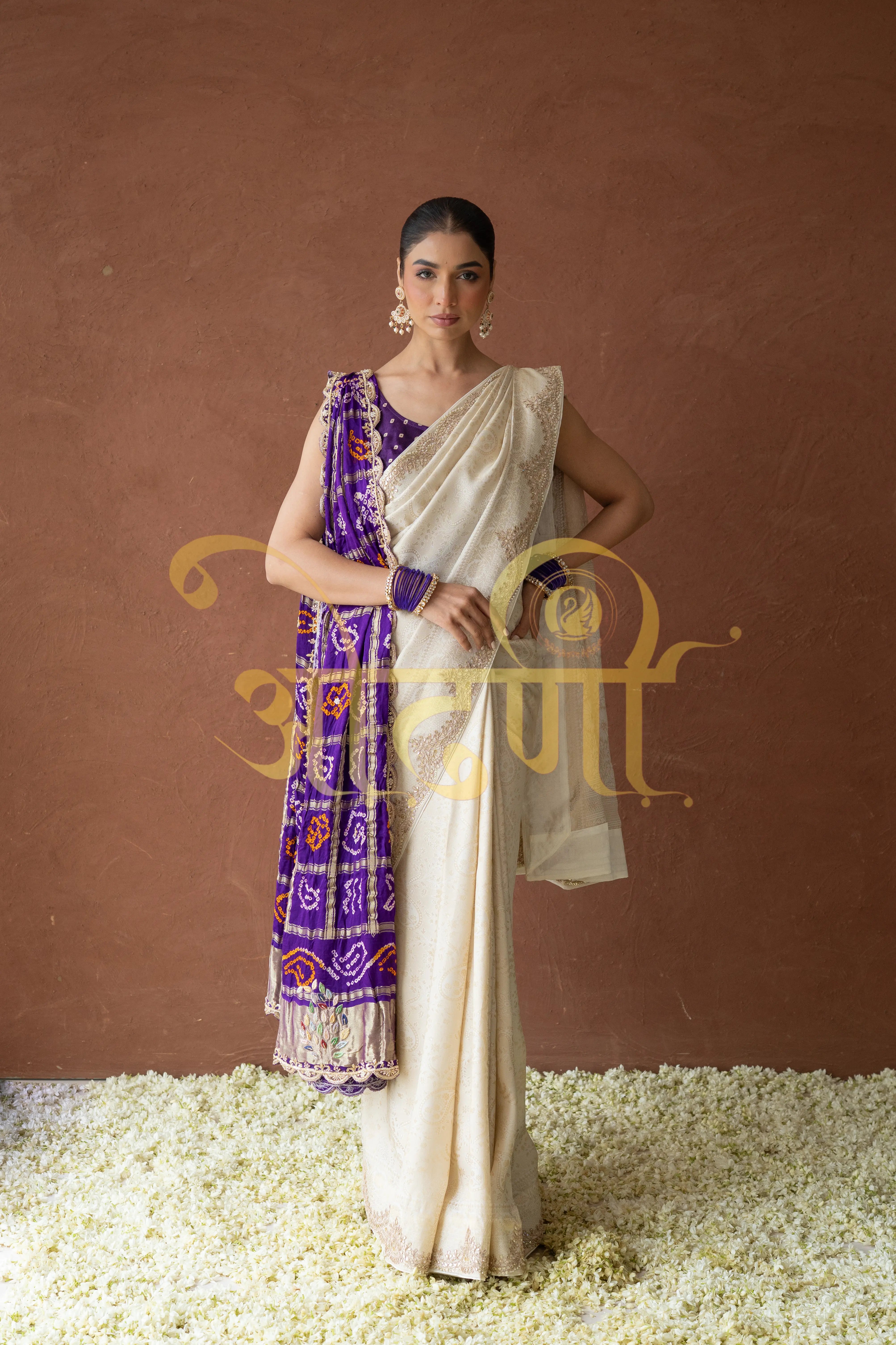 Ivory White Brocket Silk Saree with Gota Patti Handwork (With Blouse)