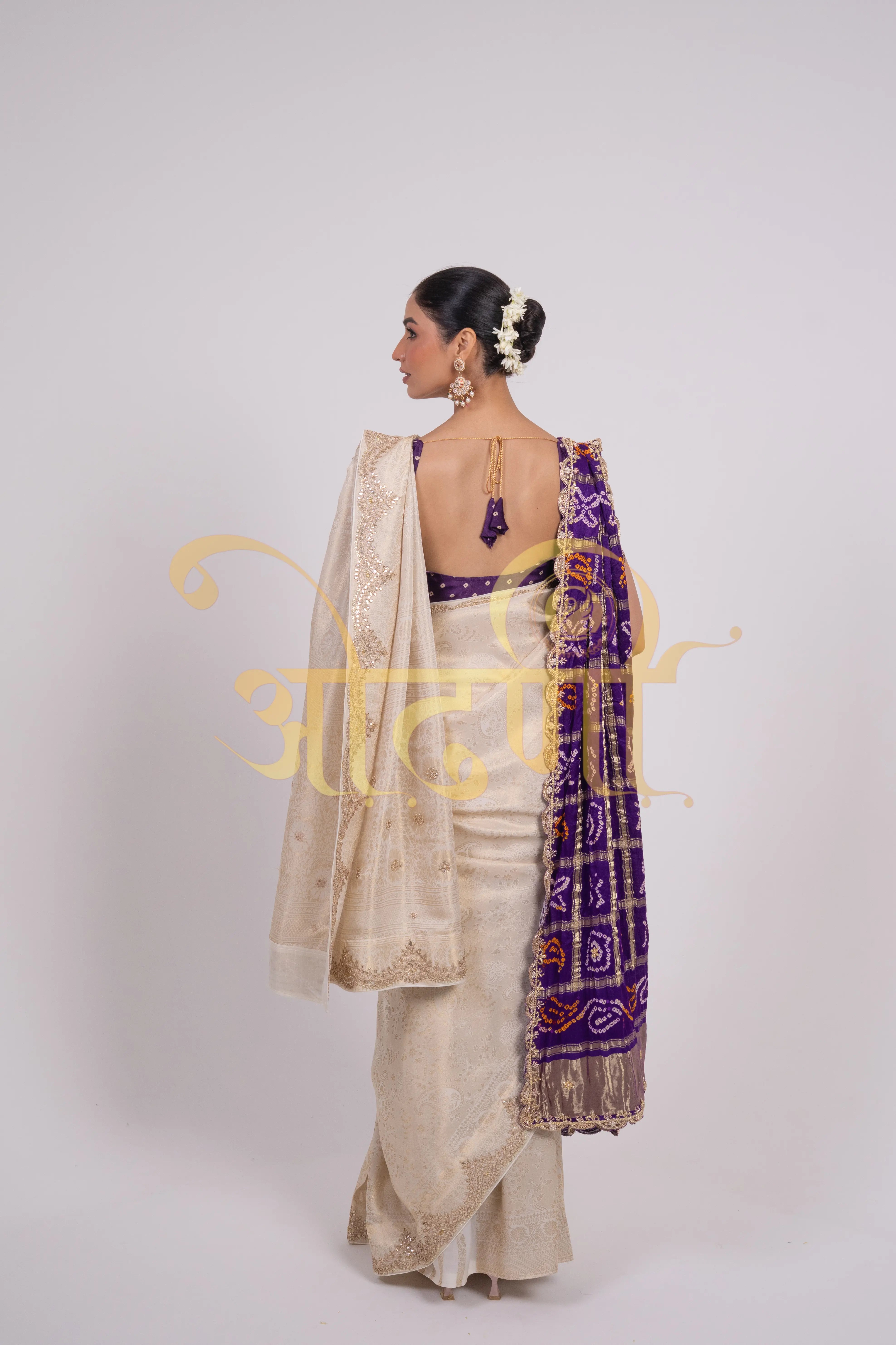 Ivory White Brocket Silk Saree with Gota Patti Handwork (With Blouse)